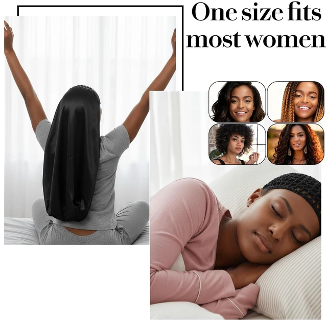 Alt view image 7 of 7 - Long Hair Bonnet Mesh Wrap Caps Set Silk Press Braid Bonnet for Sleeping Anti Frizz Soft Reusable Elastic Shower Cap for Braids, Curly Hair (Black Net+Black Bonnet)