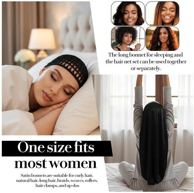 Alt view image 6 of 7 - Long Hair Bonnet Mesh Wrap Caps Set Silk Press Braid Bonnet for Sleeping Anti Frizz Soft Reusable Elastic Shower Cap for Braids, Curly Hair (Black Net+Black Bonnet)