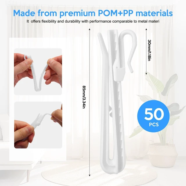 Alt view image 2 of 7 - 50 Pcs Plastic Shower Curtain Hooks, Adjustable Drapery Pins, Pinch Pleat Curtain Hooks for Window Curtain, Shower Curtain and Door Curtain(85mm/3.35inch)