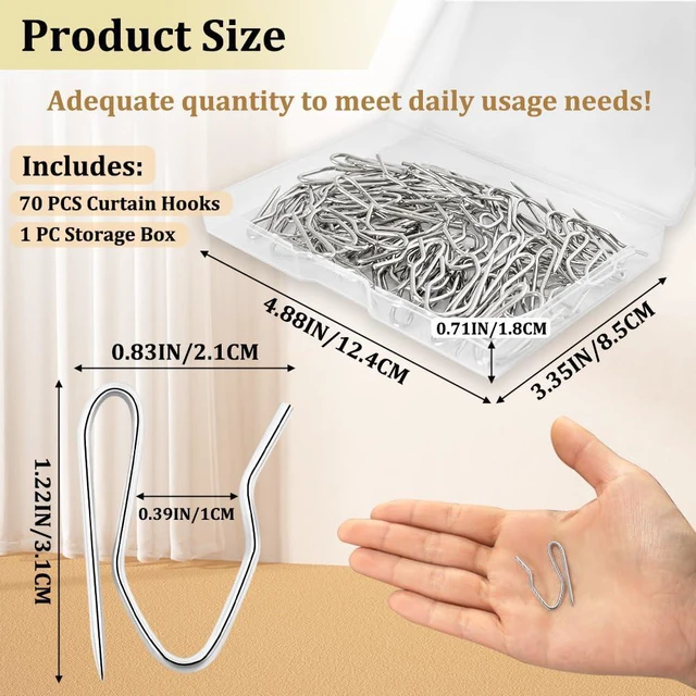 Alt view image 2 of 7 - 70PCS Curtain Hooks, 1.2 Inch Metal Drapery Pin and Hook, Rustproof Stainless Steel Drapery Pins with Clear Box, Heavy-Duty Offset Pin On Drapery Hooks for Door Window Shower RV Curtain, Silver White