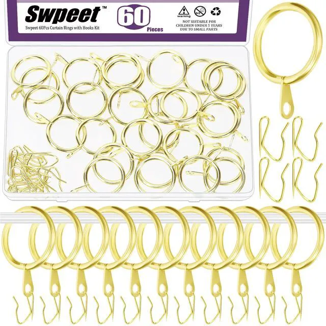 Main image of 60Pcs 25mm/1" Inner Diameter Gold Metal Curtain Ring with Pin-on Drapery Hooks Assortment Kit, Drape Sliding Eyelet Ring Metal Curtain Hooks, for Window Door Shower Curtain