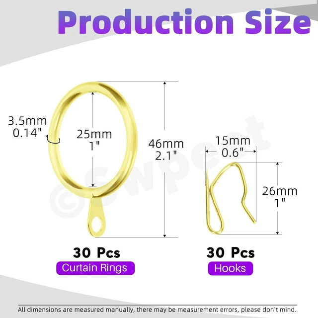 Alt view image 2 of 7 - 60Pcs 25mm/1" Inner Diameter Gold Metal Curtain Ring with Pin-on Drapery Hooks Assortment Kit, Drape Sliding Eyelet Ring Metal Curtain Hooks, for Window Door Shower Curtain