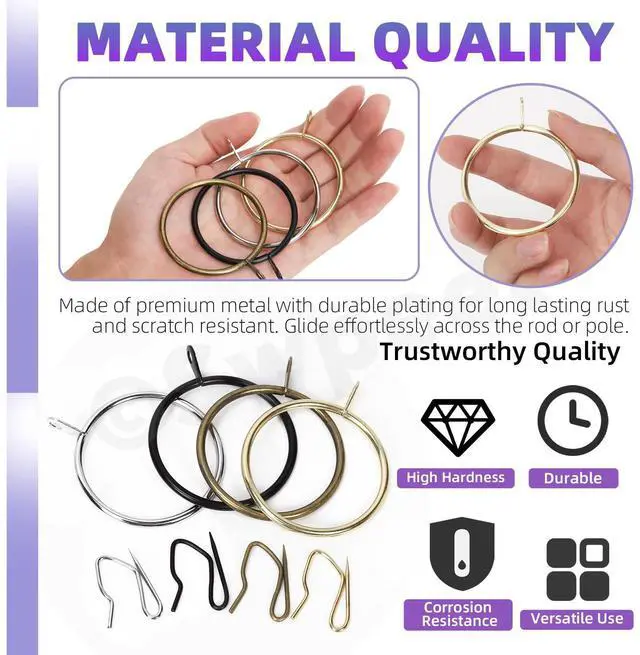 Alt view image 3 of 7 - 60Pcs 25mm/1" Inner Diameter Gold Metal Curtain Ring with Pin-on Drapery Hooks Assortment Kit, Drape Sliding Eyelet Ring Metal Curtain Hooks, for Window Door Shower Curtain