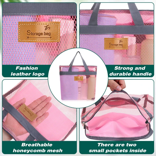 Alt view image 5 of 7 - Portable Gym Shower Bag, Mesh Shower Caddy Bag, Quick Dry Hanging Toiletry and Bath Organizer with Zipper for College Dorm, Gym, Yoga, Swimming Pool, Travel(Pink)