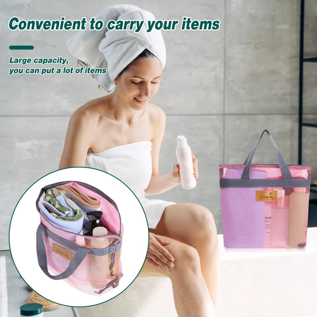 Alt view image 6 of 7 - Portable Gym Shower Bag, Mesh Shower Caddy Bag, Quick Dry Hanging Toiletry and Bath Organizer with Zipper for College Dorm, Gym, Yoga, Swimming Pool, Travel(Pink)