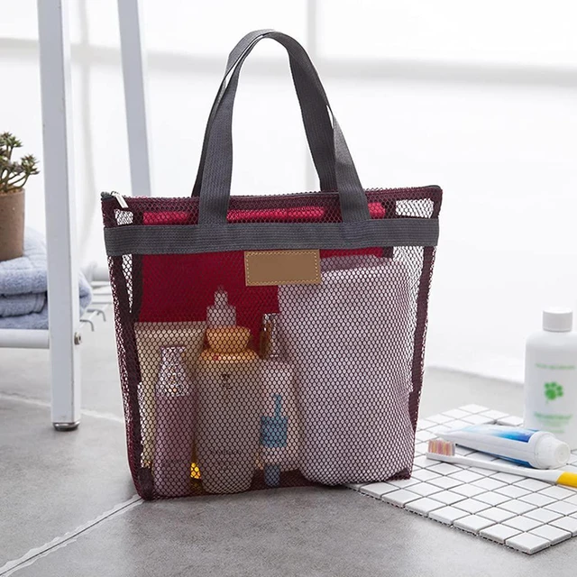 Alt view image 3 of 6 - Mesh Shower Caddy Bag, Quick Dry Portable Tote Bag with Zipper and Inner Pocket, Lightweight Bath Organizer for College Dorm Bathroom, Swimming, Gym, Beach, Travel (Red)