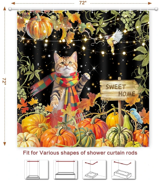 Alt view image 2 of 7 - Shower Curtain Fall, Thanksgiving Shower Curtain for Bathroom 72x72 | Harvest Grape Pumpkin Shower Curtains Scarf Cat Autumn Maple Leaves Waterproof Washable Home Farmhouse Decor Bath Curtains