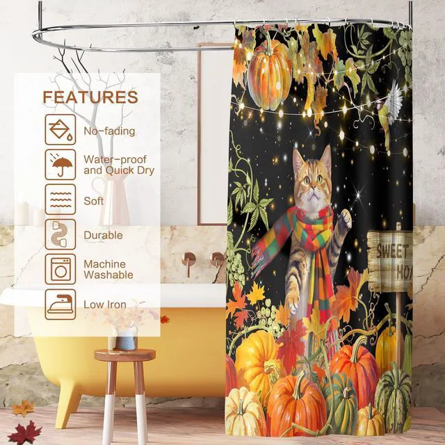 Alt view image 3 of 7 - Shower Curtain Fall, Thanksgiving Shower Curtain for Bathroom 72x72 | Harvest Grape Pumpkin Shower Curtains Scarf Cat Autumn Maple Leaves Waterproof Washable Home Farmhouse Decor Bath Curtains