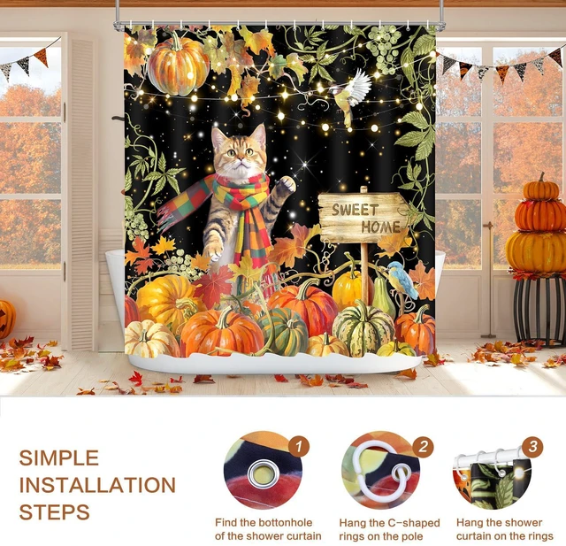 Alt view image 4 of 7 - Shower Curtain Fall, Thanksgiving Shower Curtain for Bathroom 72x72 | Harvest Grape Pumpkin Shower Curtains Scarf Cat Autumn Maple Leaves Waterproof Washable Home Farmhouse Decor Bath Curtains