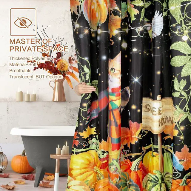 Alt view image 5 of 7 - Shower Curtain Fall, Thanksgiving Shower Curtain for Bathroom 72x72 | Harvest Grape Pumpkin Shower Curtains Scarf Cat Autumn Maple Leaves Waterproof Washable Home Farmhouse Decor Bath Curtains