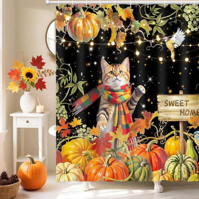 Alt view image 6 of 7 - Shower Curtain Fall, Thanksgiving Shower Curtain for Bathroom 72x72 | Harvest Grape Pumpkin Shower Curtains Scarf Cat Autumn Maple Leaves Waterproof Washable Home Farmhouse Decor Bath Curtains
