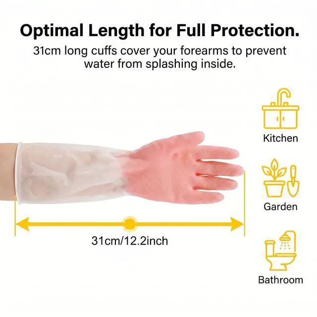 Alt view image 3 of 7 - Cleaning Gloves 2 Pairs Medium, Reusable Rubber Dishwashing Kitchen Women | Non-Slip Honeycomb Grip, Water-Blocking Long Cuff, Household Bathroom Laundry Pet Bath, Thick Textured, Mint & Pink, Tub