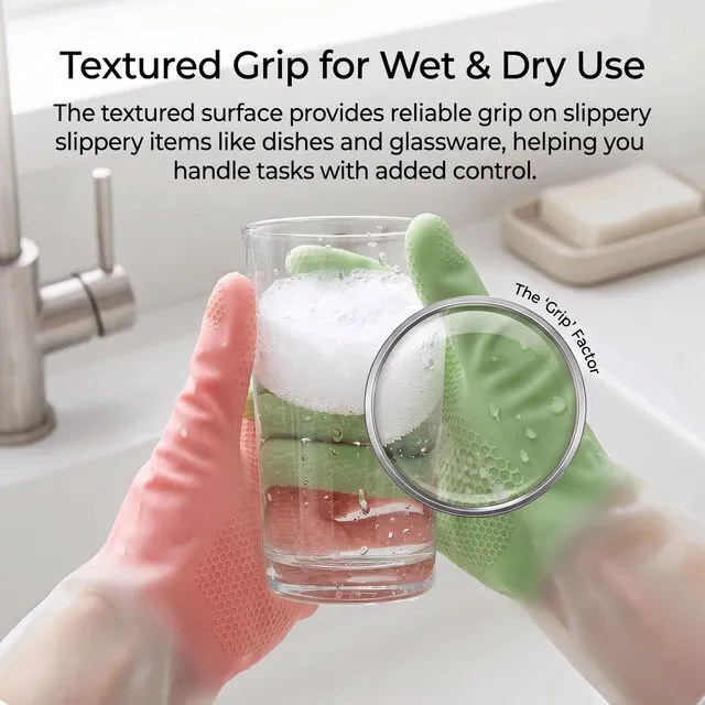 Alt view image 5 of 7 - Cleaning Gloves 2 Pairs Medium, Reusable Rubber Dishwashing Kitchen Women | Non-Slip Honeycomb Grip, Water-Blocking Long Cuff, Household Bathroom Laundry Pet Bath, Thick Textured, Mint & Pink, Tub