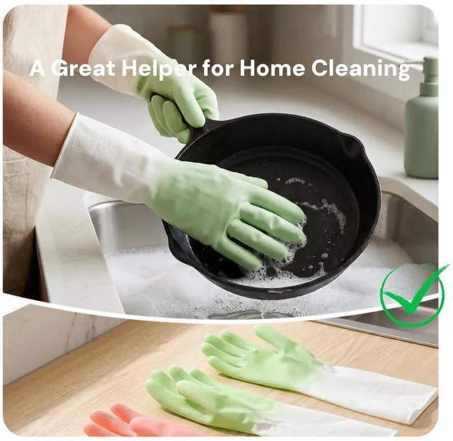 Alt view image 7 of 7 - Cleaning Gloves 2 Pairs Medium, Reusable Rubber Dishwashing Kitchen Women | Non-Slip Honeycomb Grip, Water-Blocking Long Cuff, Household Bathroom Laundry Pet Bath, Thick Textured, Mint & Pink, Tub