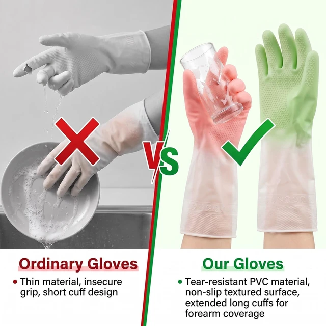 Alt view image 6 of 7 - Cleaning Gloves 2 Pairs Medium, Reusable Rubber Dishwashing Kitchen Women | Non-Slip Honeycomb Grip, Water-Blocking Long Cuff, Household Bathroom Laundry Pet Bath, Thick Textured, Mint & Pink, Tub