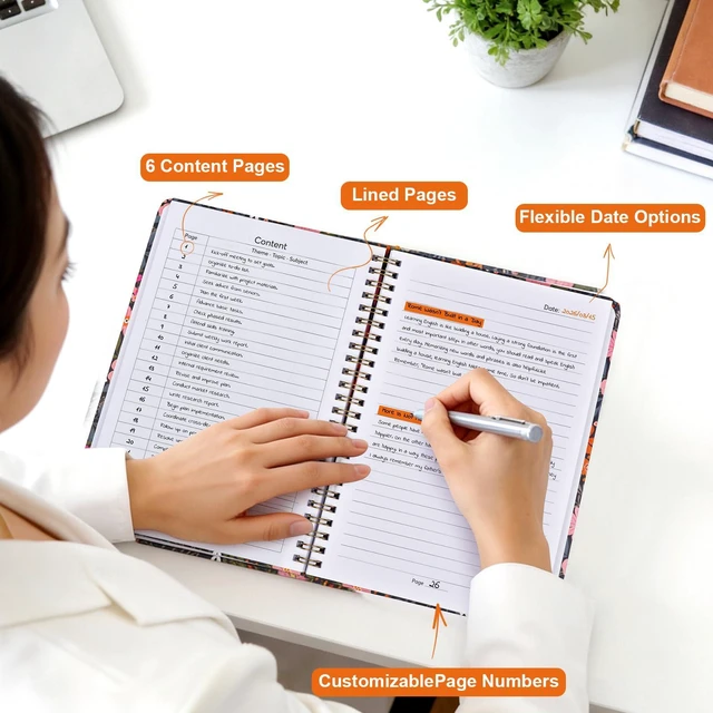 Alt view image 2 of 7 - Notebook for Women, Spiral Notebook College Ruled Floral Pattern Hardcover, 140 Pages, Notebooks for Work & Journal, Note Taking, A5 100 GSM and Double-Sided Pocket