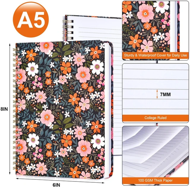 Alt view image 3 of 7 - Notebook for Women, Spiral Notebook College Ruled Floral Pattern Hardcover, 140 Pages, Notebooks for Work & Journal, Note Taking, A5 100 GSM and Double-Sided Pocket