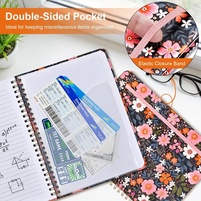 Alt view image 5 of 7 - Notebook for Women, Spiral Notebook College Ruled Floral Pattern Hardcover, 140 Pages, Notebooks for Work & Journal, Note Taking, A5 100 GSM and Double-Sided Pocket