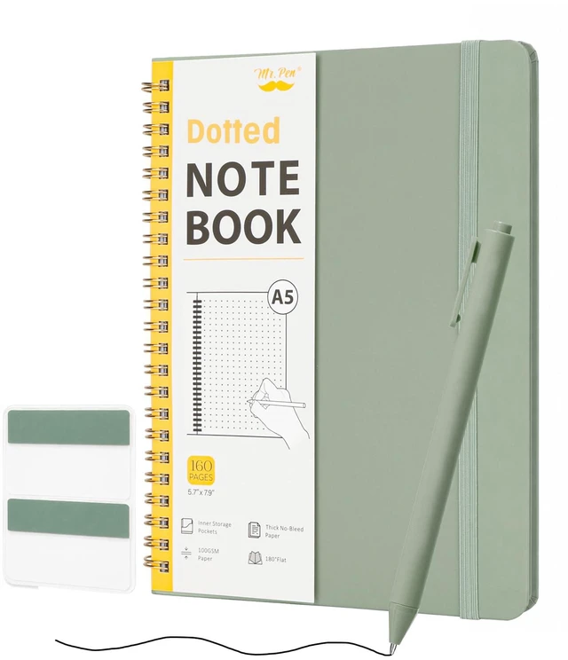 Main image of Dotted Spiral Journal Notebook Set, A5 (5.7"x7.9"), 160 Pages | Hardcover, Spiral Bullet Dotted Notebook with Divider Sticky Tabs and Pen for Journaling, Planning, Tracking