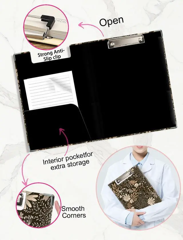 Alt view image 6 of 6 - Vintage Boho Floral Clipboard with Storage for Office Classroom, Cottagecore Flower Botanical Padfolio with Clipboard for Teachers Nurses Students Women, 12.5x9 in