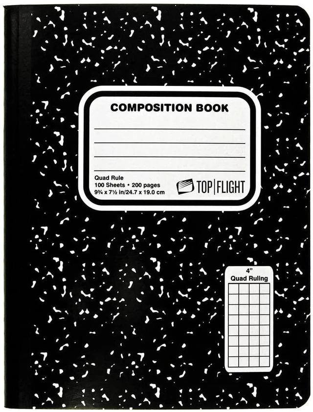 Main image of Sewn Marble Composition Book, Black/White, Quad Rule, 4 Squares per Inch, 9.75 x 7.5 Inches, 100 Sheets (41320)