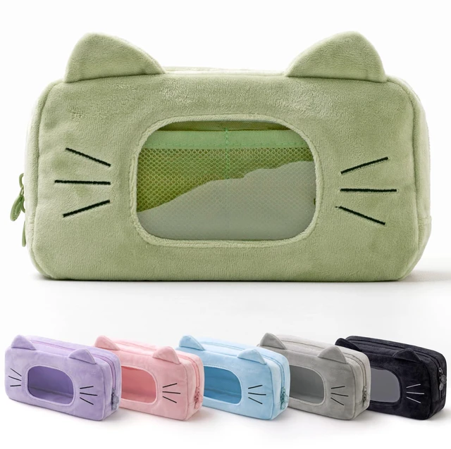 Main image of Cute Cat Plush Pencil Case with Clear Display Window, Large Capacity Kawaii Pencil Pouch for Girls Teens, Aesthetic Soft Fluffy Cat Ear Stationery Bag for School Office Travel-Green