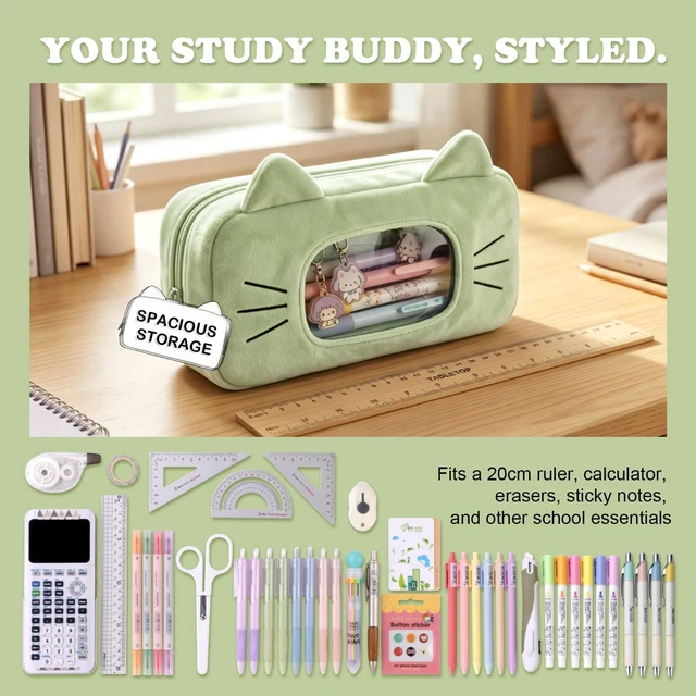 Alt view image 3 of 6 - Cute Cat Plush Pencil Case with Clear Display Window, Large Capacity Kawaii Pencil Pouch for Girls Teens, Aesthetic Soft Fluffy Cat Ear Stationery Bag for School Office Travel-Green