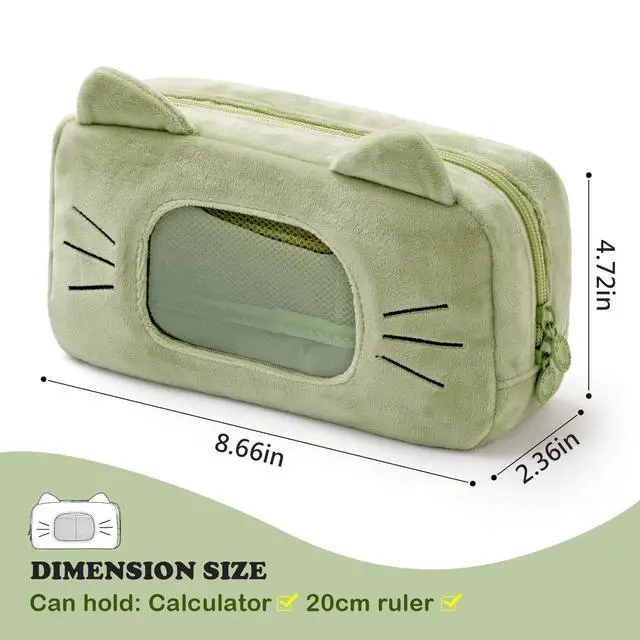 Alt view image 2 of 6 - Cute Cat Plush Pencil Case with Clear Display Window, Large Capacity Kawaii Pencil Pouch for Girls Teens, Aesthetic Soft Fluffy Cat Ear Stationery Bag for School Office Travel-Green