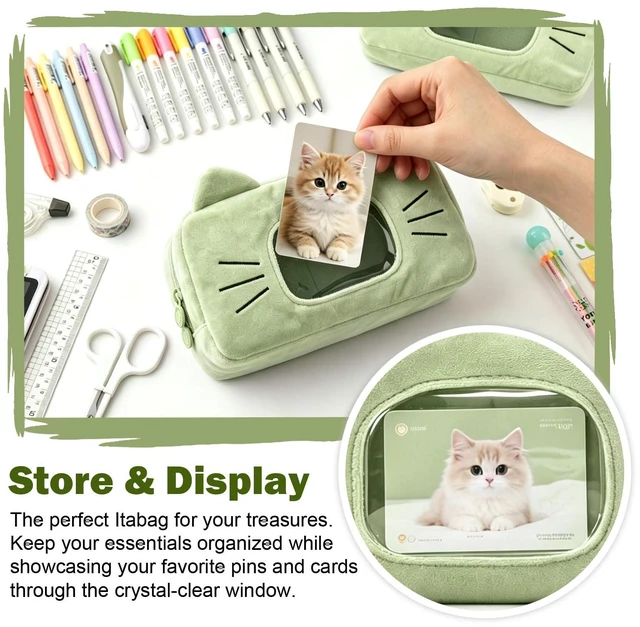 Alt view image 4 of 6 - Cute Cat Plush Pencil Case with Clear Display Window, Large Capacity Kawaii Pencil Pouch for Girls Teens, Aesthetic Soft Fluffy Cat Ear Stationery Bag for School Office Travel-Green