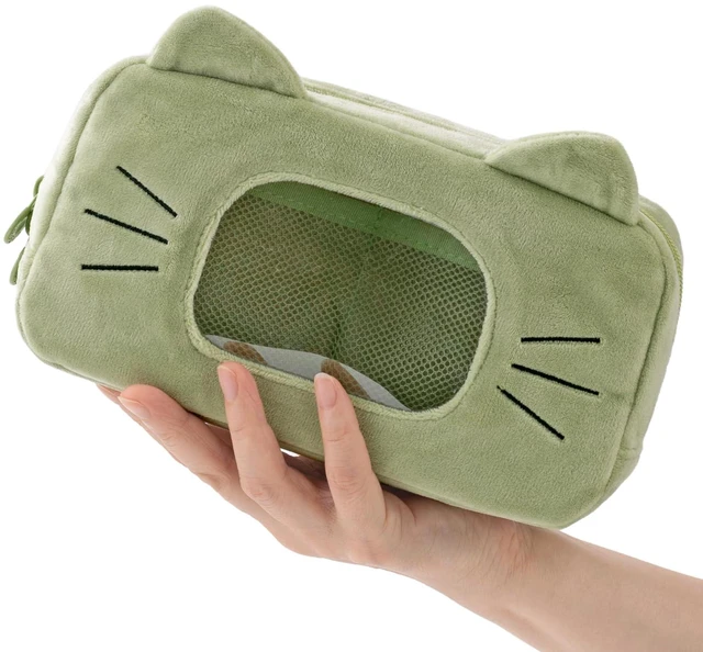 Alt view image 6 of 6 - Cute Cat Plush Pencil Case with Clear Display Window, Large Capacity Kawaii Pencil Pouch for Girls Teens, Aesthetic Soft Fluffy Cat Ear Stationery Bag for School Office Travel-Green
