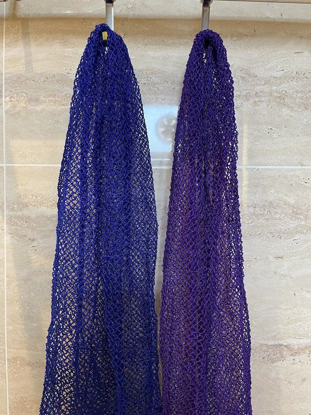Alt view image 3 of 6 - 2 Pieces African Net Sponge, Long African Exfoliating Net, Net Bath Sponge Shower Body Scrubber Back Scrubber Skin Smoother, Stretches to Approximately 63" (Blue&Purple)
