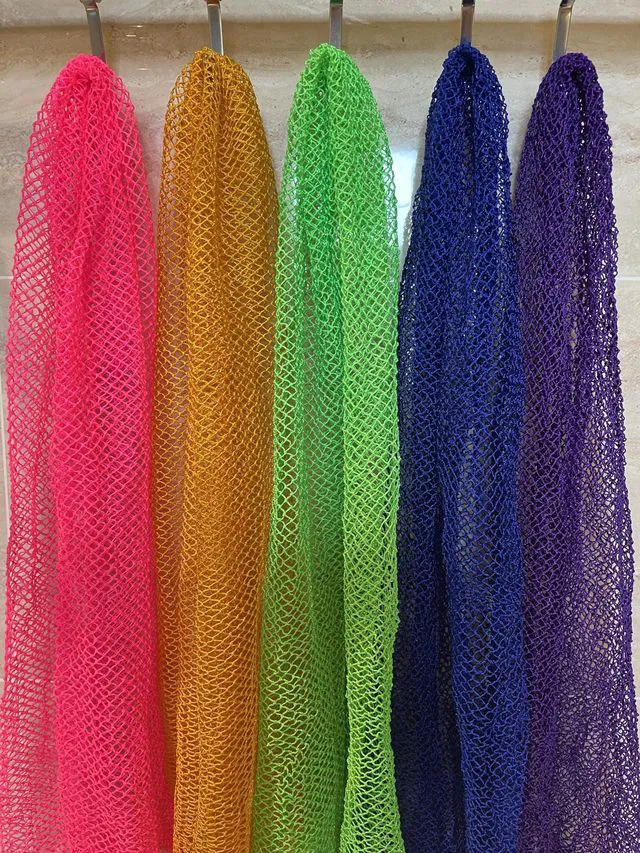 Alt view image 5 of 6 - 2 Pieces African Net Sponge, Long African Exfoliating Net, Net Bath Sponge Shower Body Scrubber Back Scrubber Skin Smoother, Stretches to Approximately 63" (Blue&Purple)