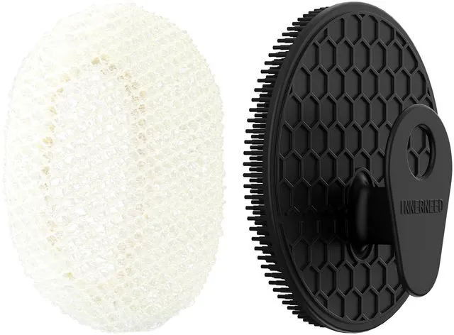 Main image of African Net Exfoliating Sponge Case with Silicone Body Brush, Black | 2in1 Quick-Dry Bath Mesh Washcloth Shower Scrubber, Massaging, Cleansing, Skin Smoother, INNERNEED