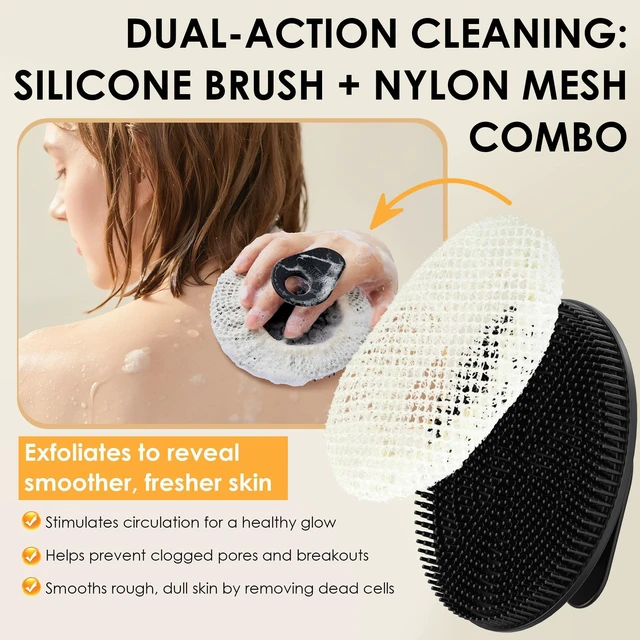 Alt view image 2 of 7 - African Net Exfoliating Sponge Case with Silicone Body Brush, Black | 2in1 Quick-Dry Bath Mesh Washcloth Shower Scrubber, Massaging, Cleansing, Skin Smoother, INNERNEED