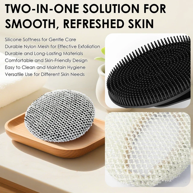 Alt view image 3 of 7 - African Net Exfoliating Sponge Case with Silicone Body Brush, Black | 2in1 Quick-Dry Bath Mesh Washcloth Shower Scrubber, Massaging, Cleansing, Skin Smoother, INNERNEED