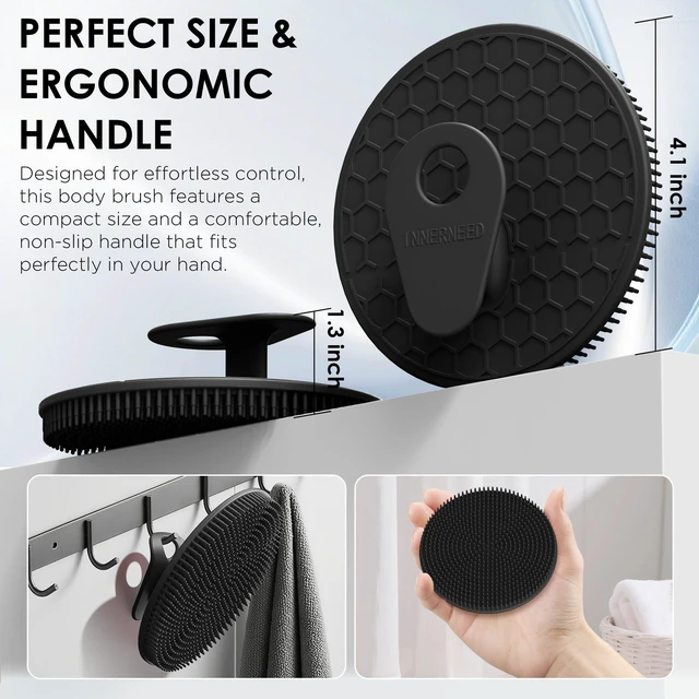 Alt view image 4 of 7 - African Net Exfoliating Sponge Case with Silicone Body Brush, Black | 2in1 Quick-Dry Bath Mesh Washcloth Shower Scrubber, Massaging, Cleansing, Skin Smoother, INNERNEED