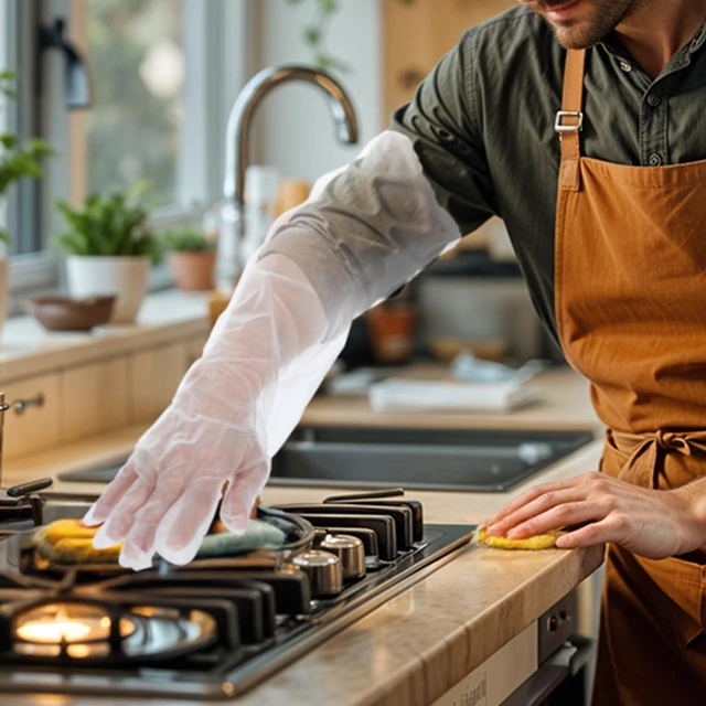 Alt view image 6 of 7 - Long Sleeve Cleaning Gloves 20 PCS Plastic Sleeve,for Cooking 18inch | Disposable Elbow Length, Reusable & Waterproof, Protective Arm Gloves, Household Duties, Cleaning Kitchen, Dishwashing