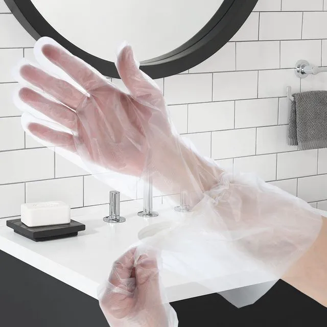 Alt view image 7 of 7 - Long Sleeve Cleaning Gloves 20 PCS Plastic Sleeve,for Cooking 18inch | Disposable Elbow Length, Reusable & Waterproof, Protective Arm Gloves, Household Duties, Cleaning Kitchen, Dishwashing