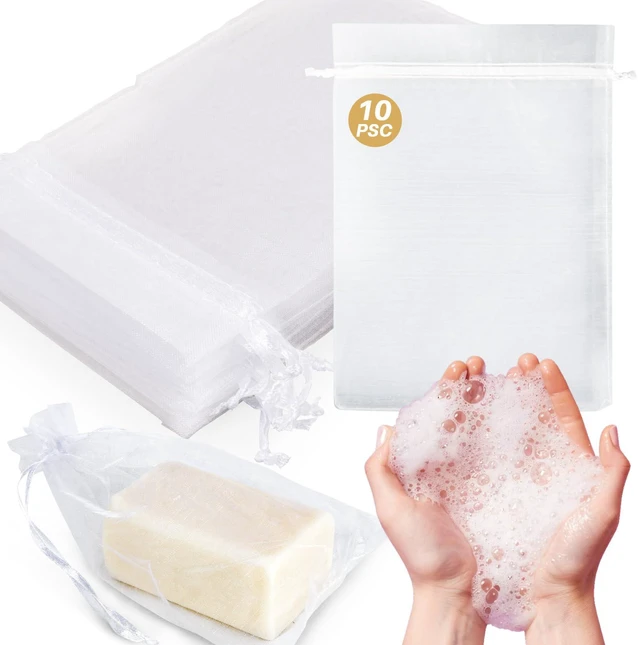 Main image of 10 Soap Bags for Soap Bars - 4"x6" Organza Mesh Soap Holder Pouches | Hanging Drawstring Shower Net Bags, Exfoliating Body Scrubber Saver Pouches for Shampoo Bars, Homemade Soap Gift Packaging