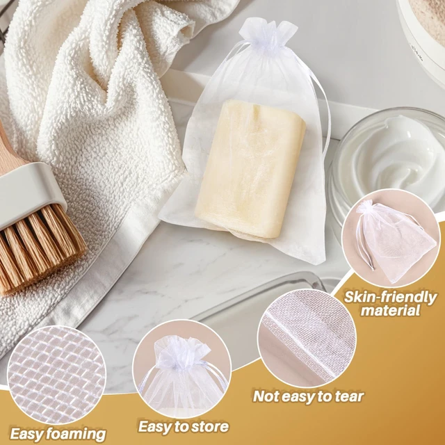 Alt view image 3 of 7 - 10 Soap Bags for Soap Bars - 4"x6" Organza Mesh Soap Holder Pouches | Hanging Drawstring Shower Net Bags, Exfoliating Body Scrubber Saver Pouches for Shampoo Bars, Homemade Soap Gift Packaging