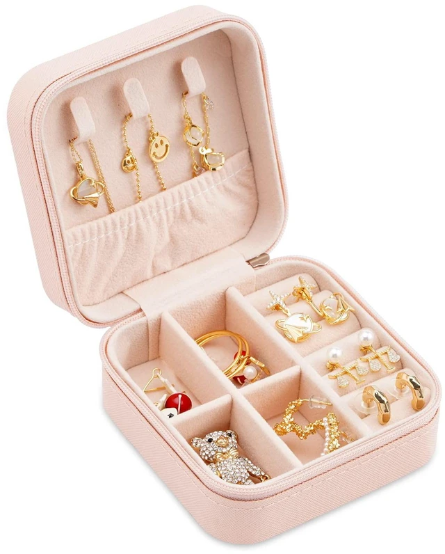 Alt view image 7 of 7 - Portable Travel Mini Jewelry Box Leather Jewellery Ring Organizer Case Storage Gift Box Girls Women (pink).