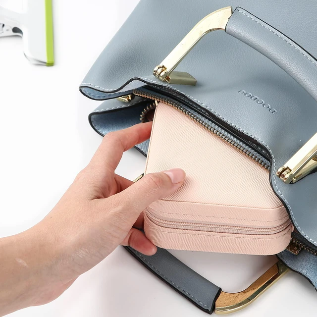 Alt view image 3 of 7 - Portable Travel Mini Jewelry Box Leather Jewellery Ring Organizer Case Storage Gift Box Girls Women (pink).