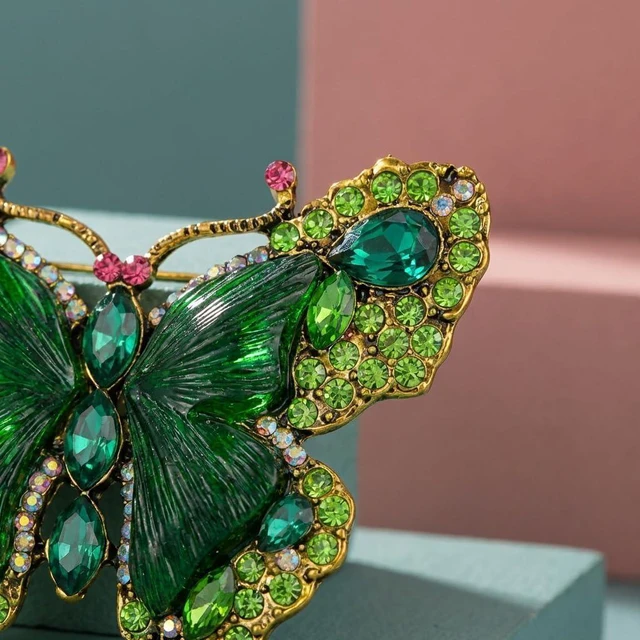 Alt view image 5 of 7 - Crystal Rhinestone Butterfly Brooch,Elegant Butterfly Lapel Pins,Fashion Exquisite Crystal Animal Shape Brooches Lapel Pins,Dress Accessories Jewelry Gift for Women Daily Decoration (Green)