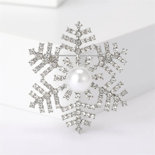 Alt view image 2 of 6 - coadipress Snowflake Brooch Pin for Women Elegant Rhinestone CZ Winter Flower Lapel Pins Dainty Snowflake Pearl Brooches Austrian Crystal Christmas Corsage Badge Dress Accessories (Silver 1 Pearl)