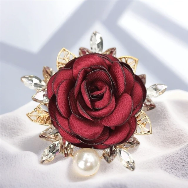 Alt view image 2 of 5 - Rose Brooch for Women,Dainty Satin Fabric Flower Lapel Pins Vintage Elegant Pearl Brooches Handmade Crystal Pearl Pins Silk Camellia Safety Collar Pin Dress Suit Accessories Wedding Bridal Bouquet Jew