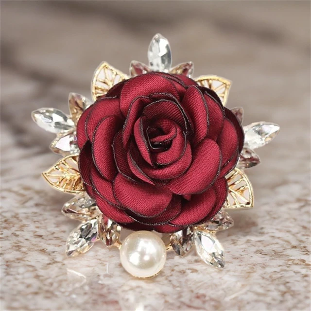 Alt view image 3 of 5 - Rose Brooch for Women,Dainty Satin Fabric Flower Lapel Pins Vintage Elegant Pearl Brooches Handmade Crystal Pearl Pins Silk Camellia Safety Collar Pin Dress Suit Accessories Wedding Bridal Bouquet Jew
