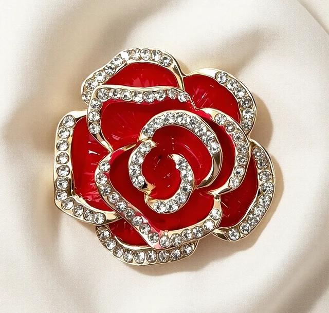 Alt view image 6 of 6 - Seakuur Camellia Brooch Rose Pin Rhinestone Crystal Lapel Enamel Elegant Vintage Corsage for Women Suit Dress Scarf Wedding Party Jewelry (Red)