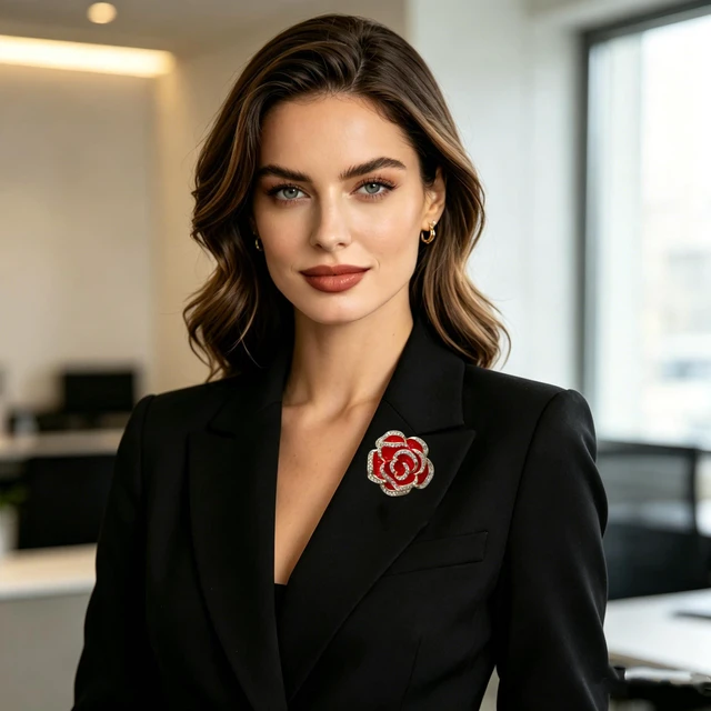 Alt view image 4 of 6 - Seakuur Camellia Brooch Rose Pin Rhinestone Crystal Lapel Enamel Elegant Vintage Corsage for Women Suit Dress Scarf Wedding Party Jewelry (Red)