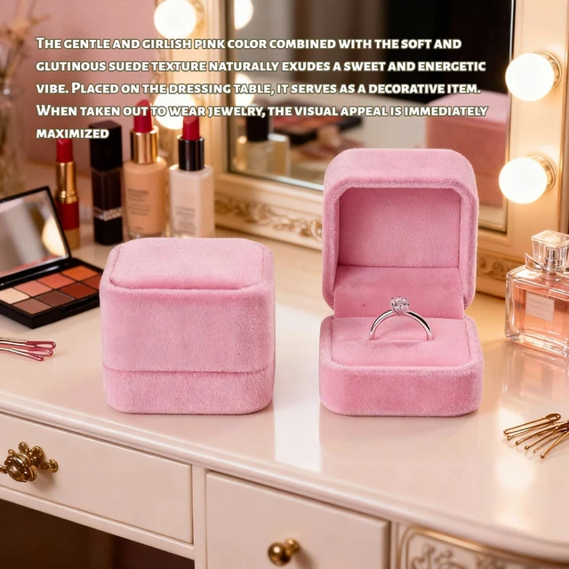 Alt view image 5 of 7 - 2 Pack Velvet Ring Boxes, Earring Pendant Storage Case, Ring Earrings Gift Box, Accessories Display, for Proposal, Engagement, Wedding (Pink)