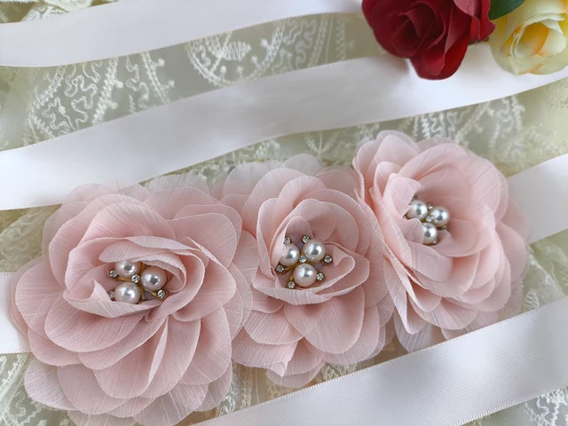 Alt view image 2 of 5 - Oyabridal Blush Sash Belt for Girls,Flower Girl Sash Belt for Dresses,Chiffon Pearls Bridesmaid Dress Sash Belts Blush Pink